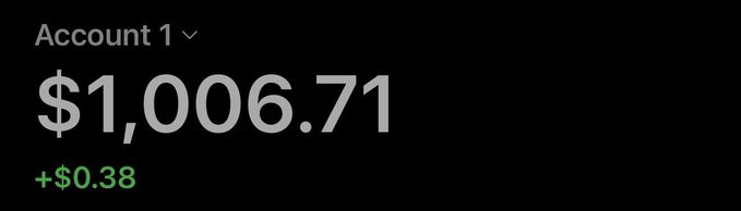 A dark-themed financial app screen shows Account 1 with a balance of $1,006.71 and a daily gain of +$0.38 in green text.