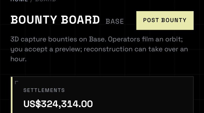 A webpage screenshot showing a 'BOUNTY BOARD' on Base platform with 'POST BOUNTY' button and text reading '3D capture bounties on Base. Operators film an orbit; you accept a preview; reconstruction can take over an hour.' with settlements of US$324,314.00.