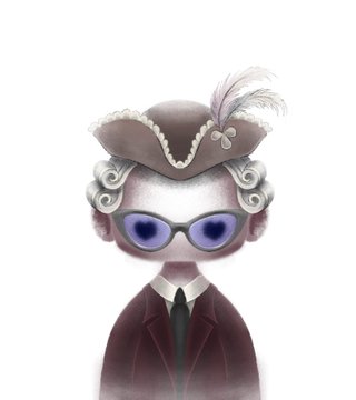 Stylized digital illustration of an elderly character with curly white hair, purple-tinted sunglasses, and a brown tricorn hat with a white feather.