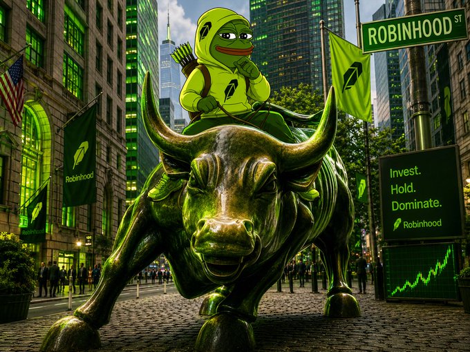 A green Pepe the Frog character wearing a quiver of arrows rides atop the iconic Wall Street Charging Bull statue in a financial district, surrounded by Robinhood flags and a sign reading "ROBINHOOD ST," with an adjacent billboard displaying "Invest. Hold. Dominate. Robinhood" alongside an upward-trending chart—symbolizing Robinhood's bold entry into the crypto and blockchain space as celebrated in the post honoring the builders of the Robinhood Chain ecosystem.
