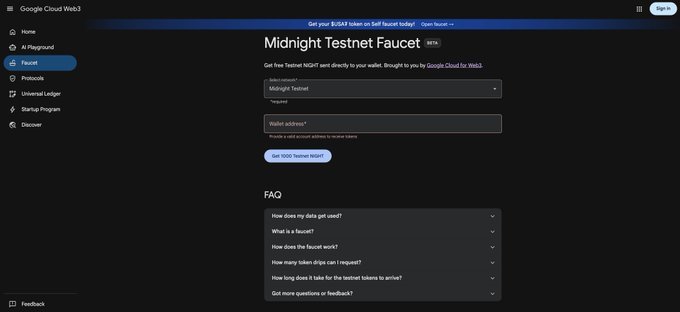 A screenshot of the Google Cloud Web3 "Midnight Testnet Faucet" page, showing a dropdown menu for "Midnight Testnet" and an input field for a wallet address.