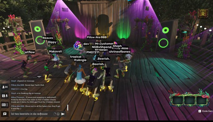 A virtual gathering in a video game or virtual world with multiple avatar characters dancing on a stage under purple and green lighting. Chat text and player names like 'Reauxs', 'Dippy', and 'Beerish.' are displayed on screen.