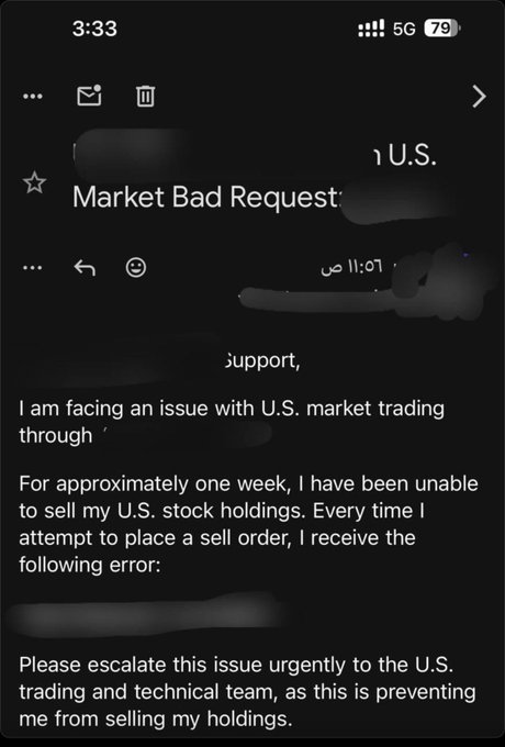 A mobile email screenshot shows a support request titled "Market Bad Request" to an unspecified U.S. service, with the user reporting that for approximately one week they have been unable to sell their U.S. stock holdings due to a recurring error preventing sell orders from being placed, and asking for escalation to the trading and technical team.