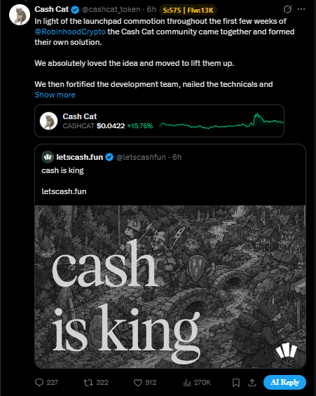 Crypto Twitter post from Cash Cat (@cashcat_token) discussing the launchpad commotion involving RobinhoodCrypto, including a price chart and a promotional image stating 'cash is king'.