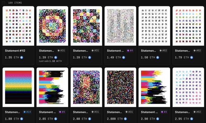A digital marketplace listing displays 12 NFT items from the "Statement" collection with varying floor prices ranging from 1.35 ETH to 2.95 ETH, while the accompanying post notes the collection's overall floor price has dropped to 1.35 ETH. The items feature diverse glitch-art style designs including pixelated character grids, colorful abstract patterns, and distorted visual compositions.