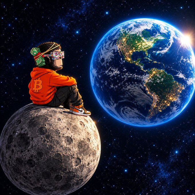 A digital artwork shows a figure in a Bitcoin hoodie with money glasses sitting on a moon, gazing at Earth from space.