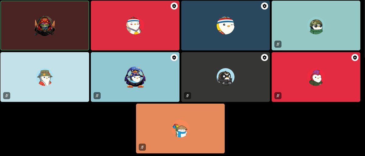 A grid of nine digital collectible or NFT avatars with various costumes (penguins, soldiers, animals) set against different solid colored backgrounds.