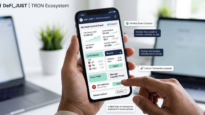 Marketing image showing hands holding a smartphone displaying the 'DeFi/JUST | TRON Ecosystem' asset control panel app interface, with annotations explaining features like Verified Smart Contract, tooltips, and transaction explorer links.