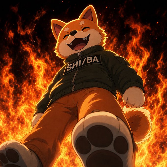 An anime-style illustration of a smiling, happy Shiba Inu dog wearing a black jacket labeled 'SHIBA', orange pants, and paw slippers, set against a dramatic backdrop of flames.