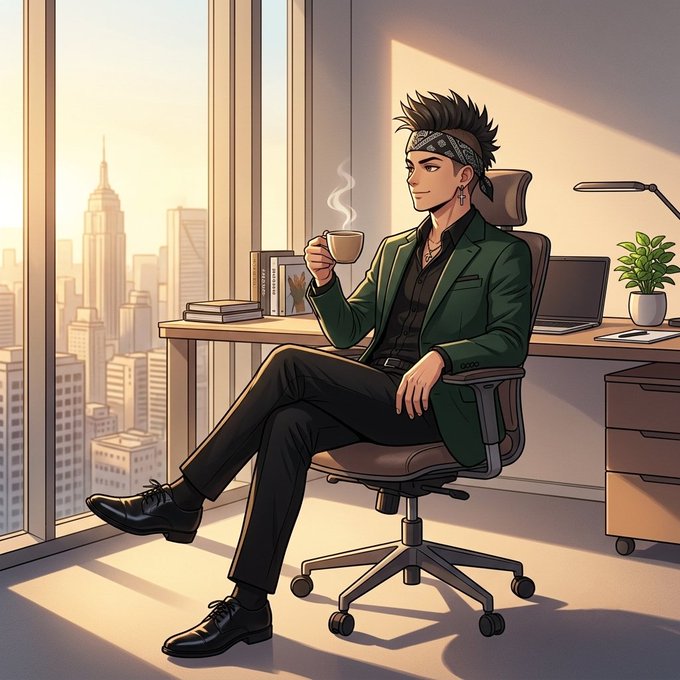 An anime-style illustration shows a stylish man with a bandana sitting in an office chair, drinking coffee with a city skyline visible through the window.