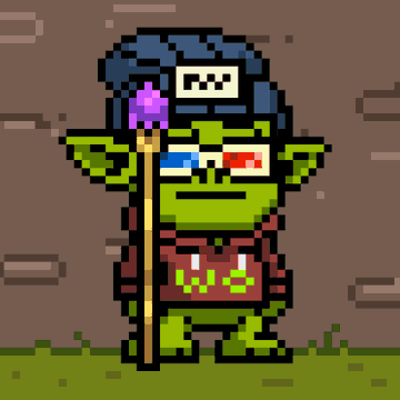 A pixel art character of a green goblin-like figure wearing a blue helmet labeled 'gob', 3D glasses, and holding a staff, standing on grass against a stone wall.