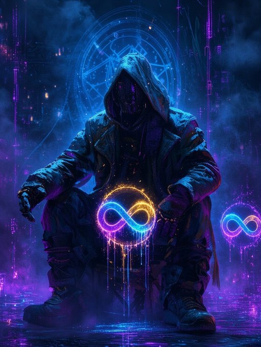 A digital artwork of a hooded, cloaked figure sitting with glowing neon infinity symbols in front of a mystical blue and purple background.