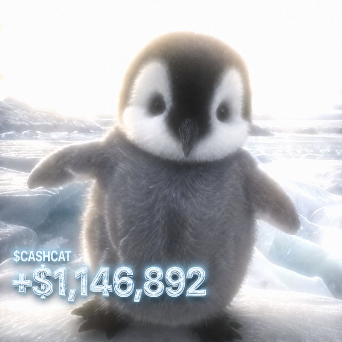 An adorable baby penguin with fluffy gray down stands on ice, overlaid with the text "$CASHCAT +$1,146,892" to highlight the post's impressive trading profit. The cute, waddling chick serves as a lighthearted contrast to the bragging tone of the caption, which celebrates front-running an insider and profiting alongside close friends.