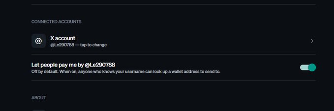 A dark-mode account settings screen showing a connected X account (@Le290788) with an active toggle for the 'Let people pay me by @Le290788' feature.