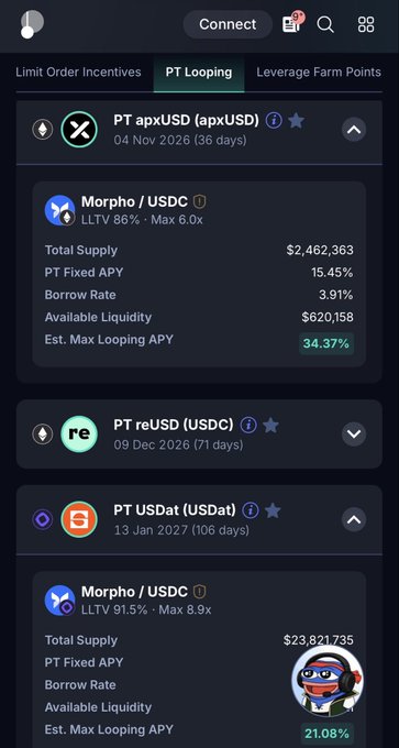 A screenshot of a cryptocurrency app interface, displaying 'PT Looping' options with listings for 'PT apxUSD', 'Morphe / USDC', and 'PT reUSD', including details like 'Total Supply' and 'Est. Max Looping APY'.