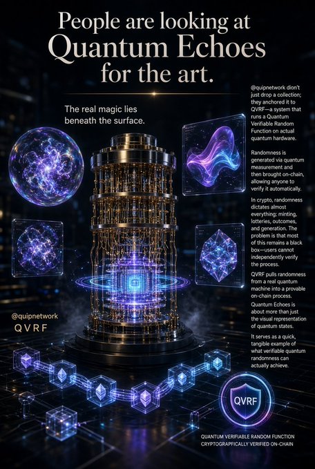 A stylized digital poster features a glowing quantum computer tower surrounded by holographic blue and purple orbs displaying neural network patterns, with the headline "People are looking at Quantum Echoes for the art" and "The real magic lies beneath the surface." The image promotes @quipnetwork's QVRF (Quantum Verifiable Random Function), visually linking the artistic display of quantum-inspired graphics to the underlying quantum-verified randomness technology described in the accompanying text.