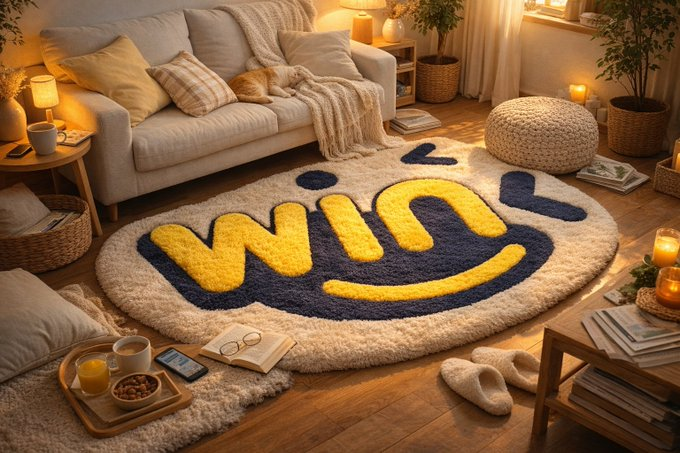 A cozy living room scene featuring a cream-colored sofa, warm lighting from candles and lamps, and a large round shag rug with the word 'WIN' in blue and yellow letters as the centerpiece.