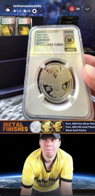 A social media screenshot from "tothemooncards" shows a hand holding a graded VeeFriends coin labeled "Eager Eagle" with a Gem Mint Proof 9.0 rating, alongside a "Metal Finishes" promotional banner.
