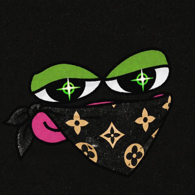 A streetwear-style graphic illustration of stylized green and black eyes with crosshair pupils above a pink tongue and a Louis Vuitton monogram-patterned bandana on a black background.
