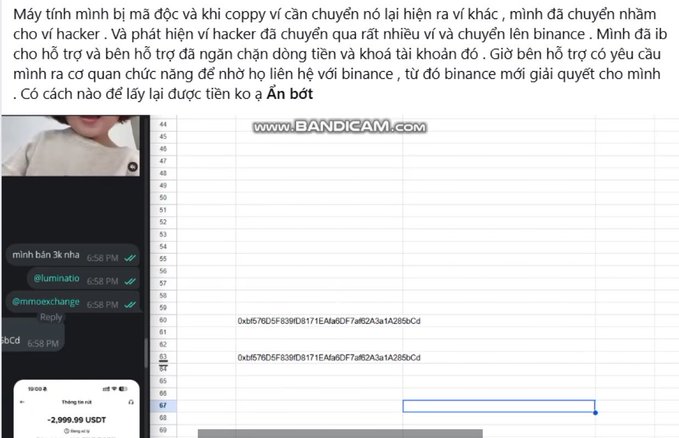 A Vietnamese text message asking how to recover funds after a Binance hack, showing a chat conversation and a spreadsheet containing cryptocurrency transaction hash codes.