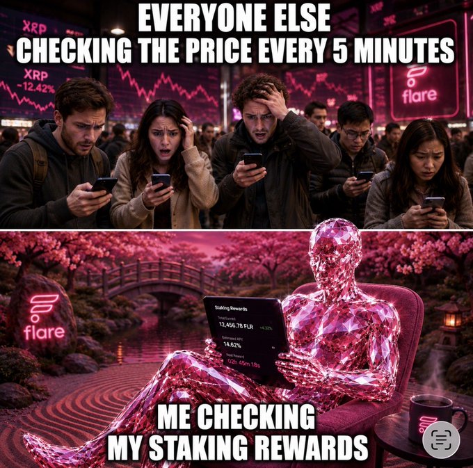 A meme contrasting anxious people checking XRP prices (top) with a relaxed pink crystal person calmly checking 'Staking Rewards' on Flare blockchain (bottom).