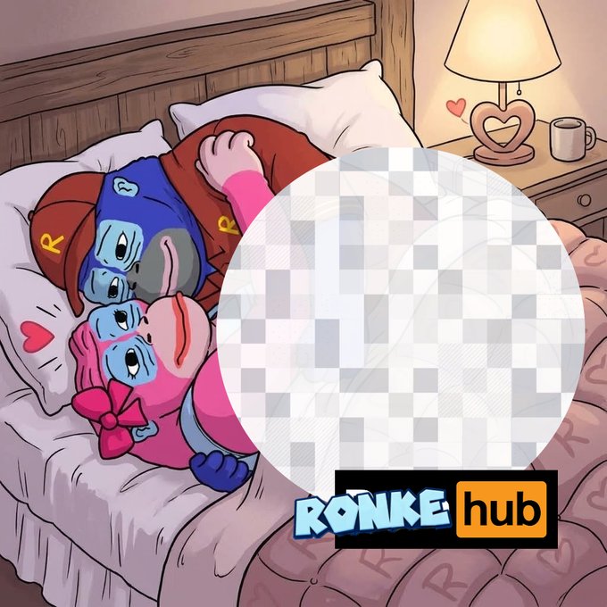 A digital illustration of two stylized cartoon characters (one blue, one pink) lying together in bed, with a large transparent checkered circle in the center and a logo reading 'RONKE hub' at the bottom.