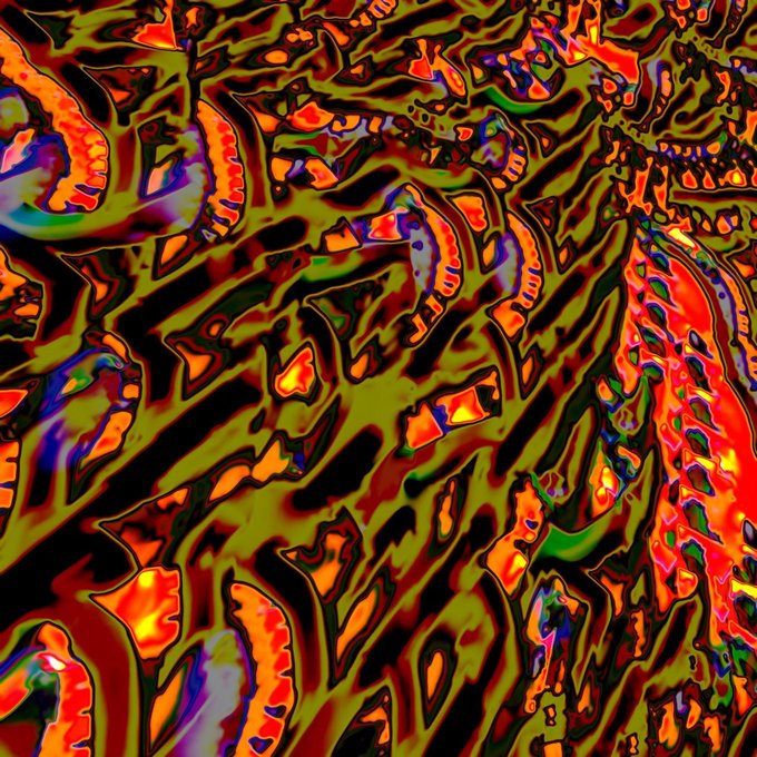 A vibrant, psychedelic digital artwork featuring swirling, organic shapes in fiery oranges, deep reds, and electric greens against a dark background, evoking the fractal-like, trance-inducing visuals associated with Shpongle's music. The fluid, alien-like forms mirror the otherworldly atmosphere of the post, which references the spacey, shamanic aesthetic the artist is cultivating for their collection.