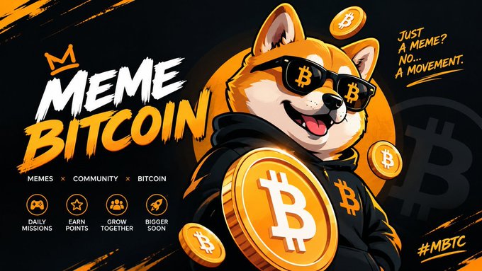 A promotional graphic for "MEME BITCOIN" featuring an illustrated Shiba Inu dog wearing sunglasses, with text reading "JUST A MEME? NO... A MOVEMENT" and "#MBTC", along with icons for Daily Missions, Earn Points, Grow Together, and Bigger Soon.