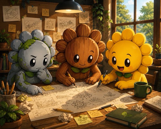A whimsical digital illustration of three cartoon characters—a stone golem, a wooden sunflower figure, and a yellow flower—collaborating on sketches and drawings at a cluttered wooden table.