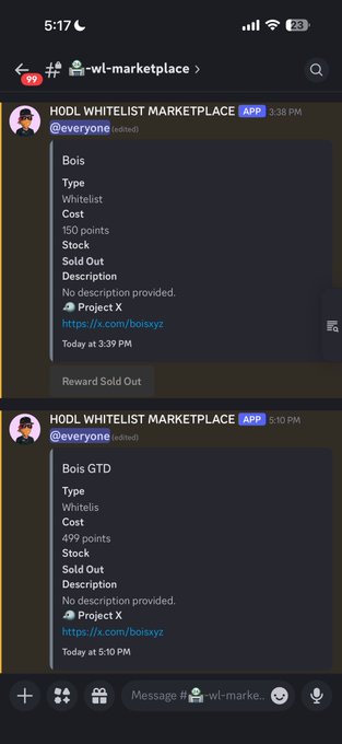 A Discord screenshot from the "HODL WHITELIST MARKETPLACE" server shows two sold-out listings: "Bois" (Whitelist) for 150 points and "Bois GTD" (Whitelist) for 499 points, both with links to Project X (https://x.com/boisxyz). The image supports the post by visually confirming the sold-out status of the whitelist offerings, though the listed prices (150 and 499 points) sum to 649 points rather than the 6,250 points mentioned as burnt.