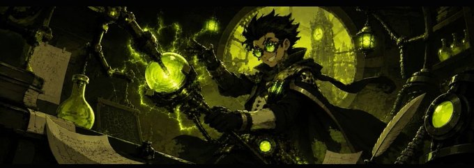 An anime-style illustration of a young man with spiky hair and goggles holding a glowing green orb in a cluttered, green-lit room.