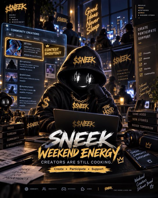 A promotional poster features a hooded figure at a laptop wearing a mask displaying '$$NEEK', surrounded by UI elements reading 'COMMUNITY CREATIONS', 'SNEEK WEEKEND ENERGY', 'CREATORS ARE STILL COOKING', and 'Create • Participate • Support'.