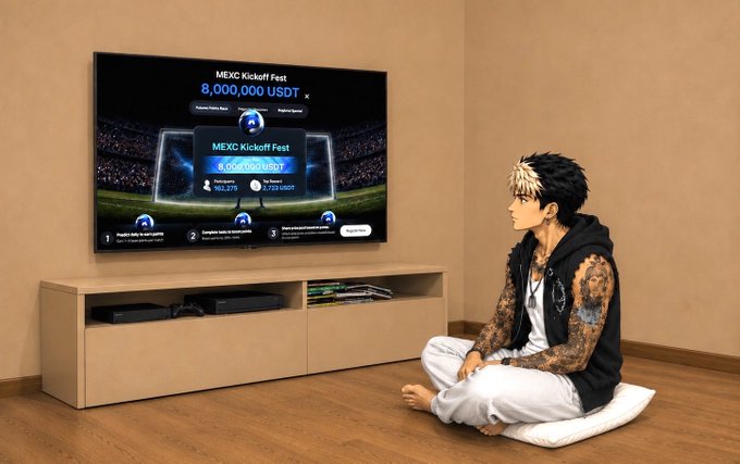 A young man with blonde-streaked hair and tattoos sits cross-legged on a cushion watching the "MEXC Kickoff Fest" displayed on his TV, which promotes a 8,000,000 USDT prize pool with a daily 200,000 USDT reward reset—matching the post's emphasis on the recurring daily prize structure that keeps users engaged even after missing a day.