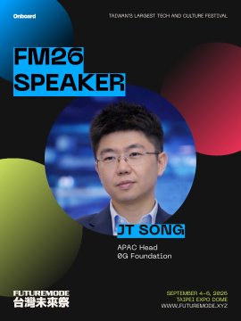 A promotional poster for 'FutureMode' features a photo of JT Hong, APAC Head of OG Foundation, as an 'FM26 SPEAKER' for the Taiwan Tech and Culture Festival on September 4-5, 2026.