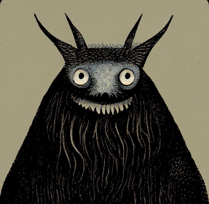 A dark illustration of a menacing, horned monster with large round eyes and a wide, toothy grin, drawn in a vintage folk-art style against a muted beige background.
