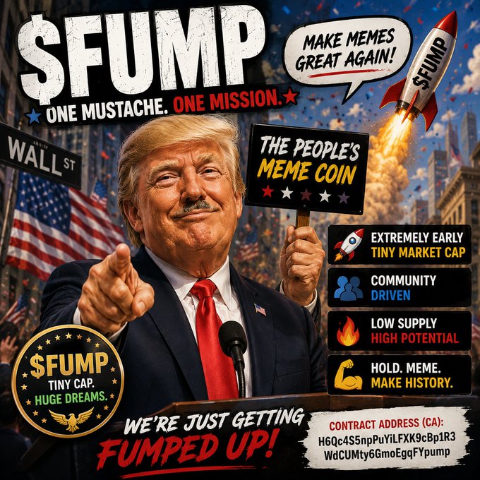 A promotional graphic for the '$FUMP' meme coin featuring an illustration of Donald Trump pointing forward, with text 'ONE MUSTACHE. ONE MISSION.', 'THE PEOPLE'S MEME COIN', and a contract address labeled 'CA: H6Qc4S5npPuYiLFXK9cBp1R3WdCUMty6GmoEgqFYpump'.