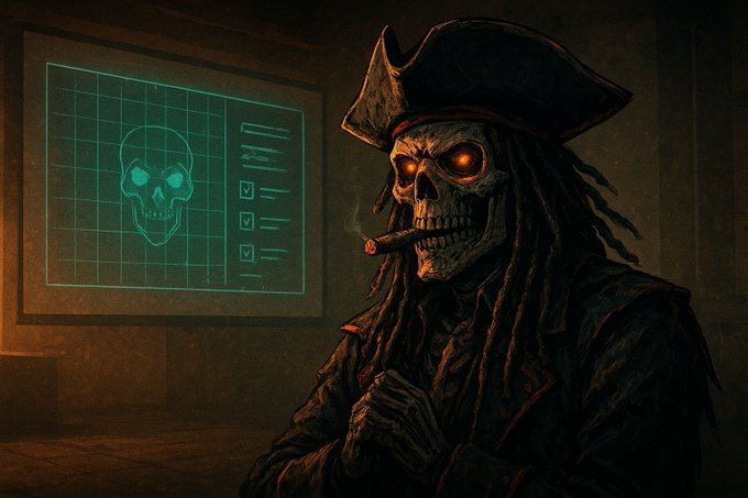 A dark illustration of a skeletal pirate character with glowing orange eyes smoking a cigar, standing near a screen displaying a green wireframe skull.