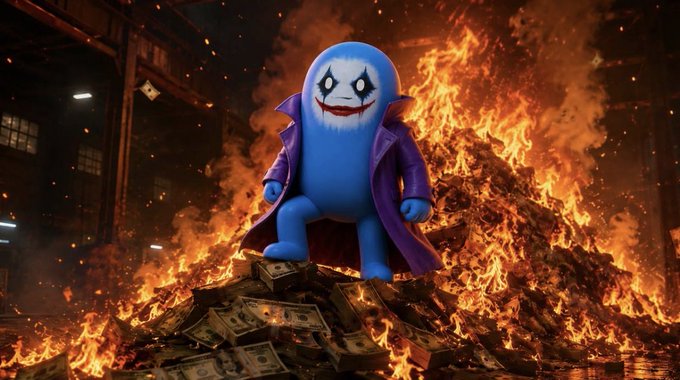 A blue ghost-like character wearing a purple coat standing atop a pile of burning money in a fiery warehouse setting.