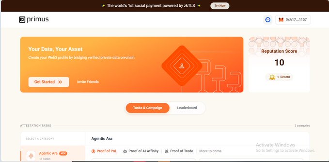 A screenshot of the 'primus' website, billed as 'The world's 1st social payment powered by zkTLS', featuring a 'Your Data, Your Asset' banner, a 'Reputation Score' of 10, and an 'ATTESTATION TASKS' section highlighting an 'Agentic Era' category.