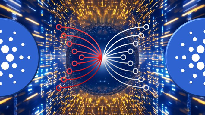 A digital illustration depicts two blue circles with the Cardano (ADA) logo connected by red and white circuit-like lines against a futuristic, glowing background.