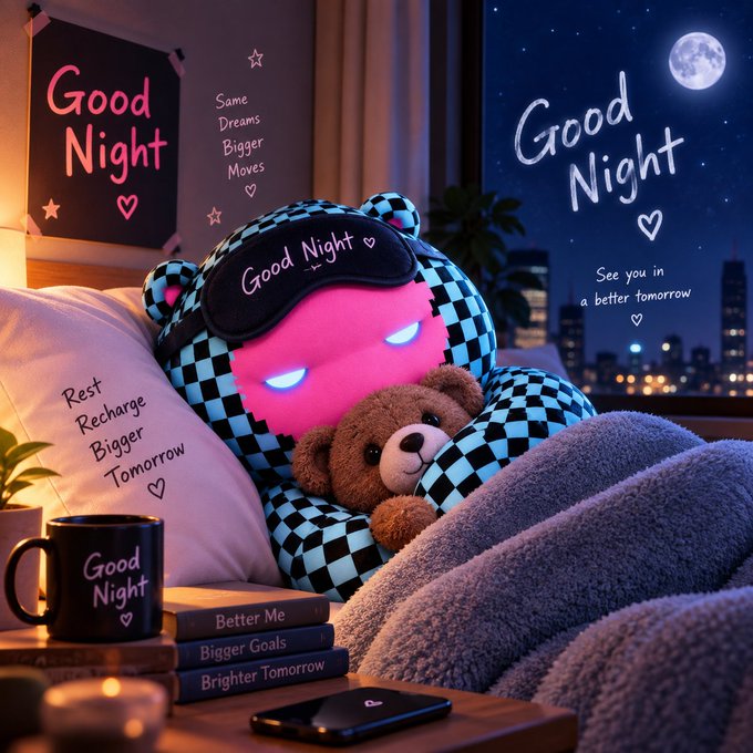A 3D-rendered character in a checkered hoodie sleeps with a glowing sleep mask, surrounded by cozy elements and text including "Good Night," "Some Dreams Bigger Moves," "Rest Recharge Bigger Tomorrow," and "See you in a better tomorrow."