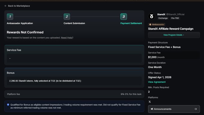 The image shows a screenshot of a website called StandXOfficial, which appears to be related to a project or campaign. It has a black background with white text, making it easy to read. The main focus of the image is a page that displays information about the project and its progress. There are several details provided on this page, including the total altitude reached by the project team (6401), their current position at 61900 feet above sea level, and the date they started climbing (6/1/2021). The post also mentions that TGE has already happened in September-October of the same year.