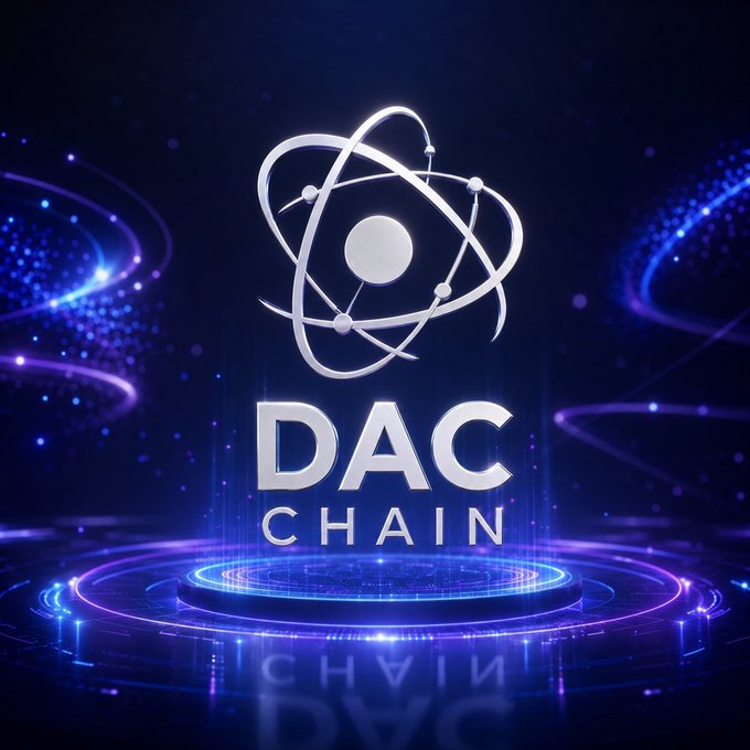 A digital promotional graphic featuring a glowing atom-like logo above the text 'DAC CHAIN' set against a futuristic blue and purple neon background.