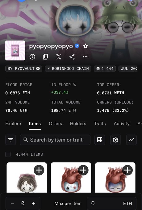 An NFT collection page for 'pyopyopyopyo' showing floor price of 0.0876 ETH, 1D floor change of +337.4%, 24H volume of 76.46 ETH, and 1,475 unique owners on the Robinhood Chain.