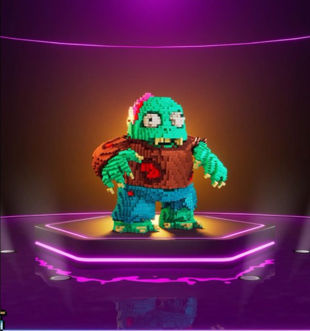 A 3D pixel-art style green monster with large eyes and a brown vest standing on a hexagonal neon-lit stage with purple glowing edges against a dark background.