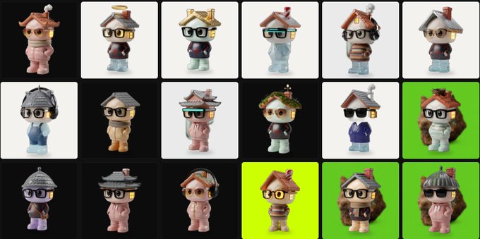 A grid of various small figurines or designer toys featuring characters with house-shaped roofs on their heads, wearing glasses and different outfits against black, white, and green backgrounds.