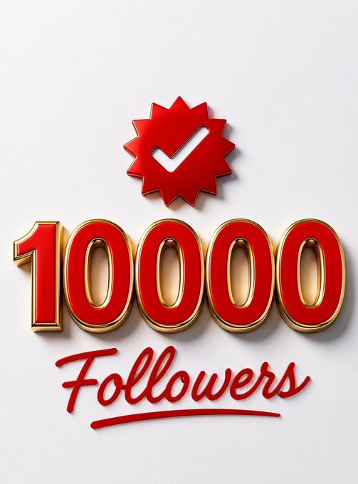 A celebratory graphic displaying '100000 Followers' in red and gold 3D text beneath a red burst seal with a white checkmark.