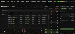 A dark-themed financial trading dashboard displaying various market data, charts, and trading pairs with green and red indicators.