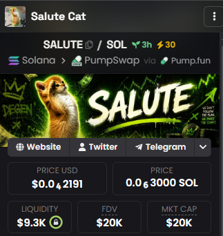 Screenshot of the $SALUTE/SOL token page on Solana via PumpSwap, showing a market cap of $20K and FDV of $20K, which the post uses to position Salute Cat as the next 1000x gem after previous calls like $ANSEM, $TROLL, and $Whitewhale.