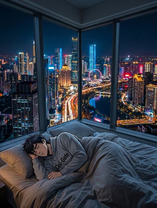 An anime-style illustration depicts a person sleeping in bed on a high floor, with a large window offering a nighttime view of a brightly lit city skyline featuring skyscrapers and a Ferris wheel.